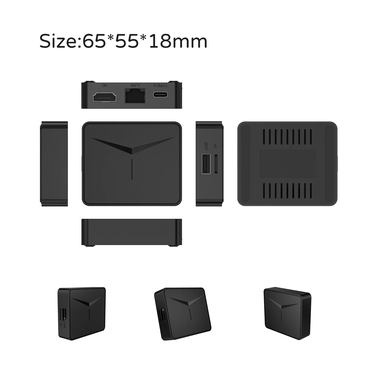 Compact 85*85*18mm TV box with multi-angle views for easy integration