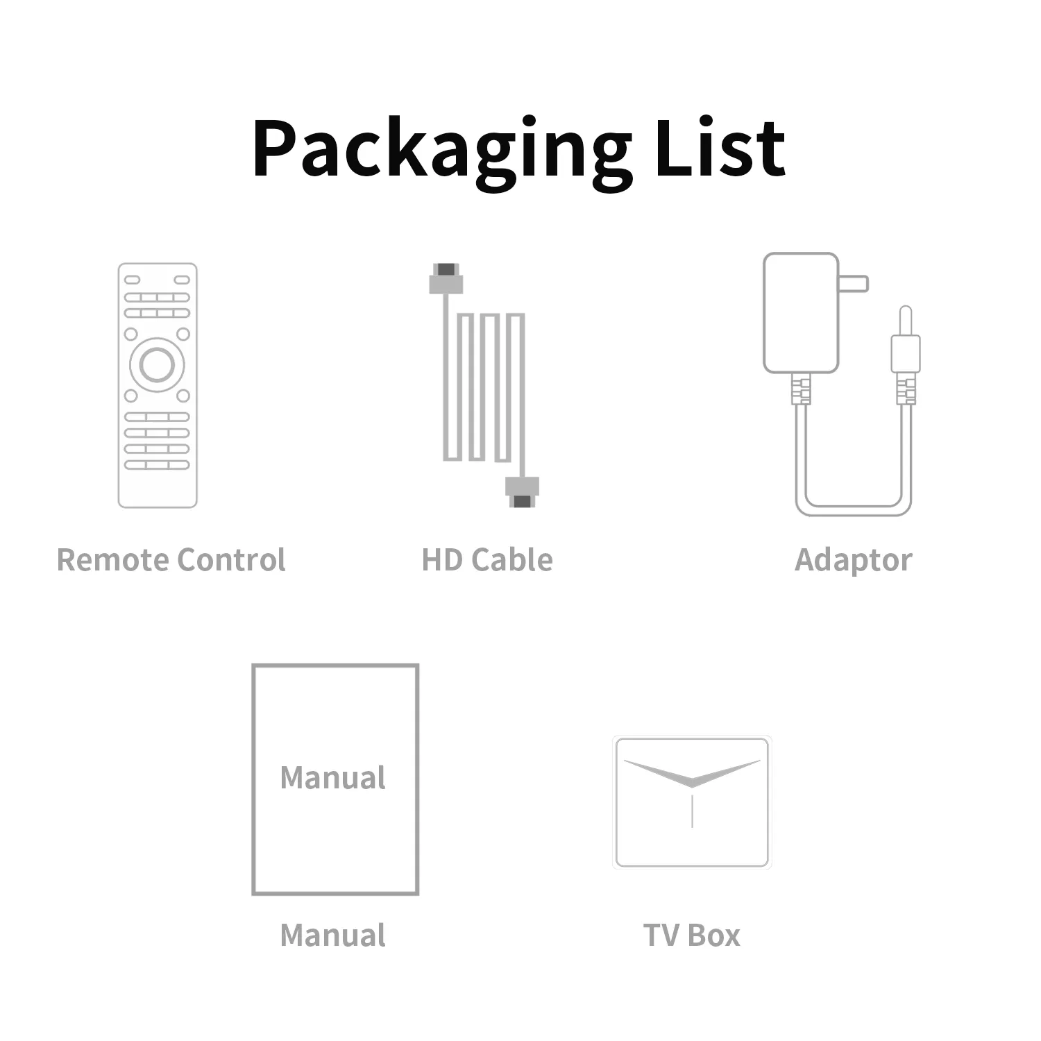 TV box packaging list including remote control, cables, adapter and user manual