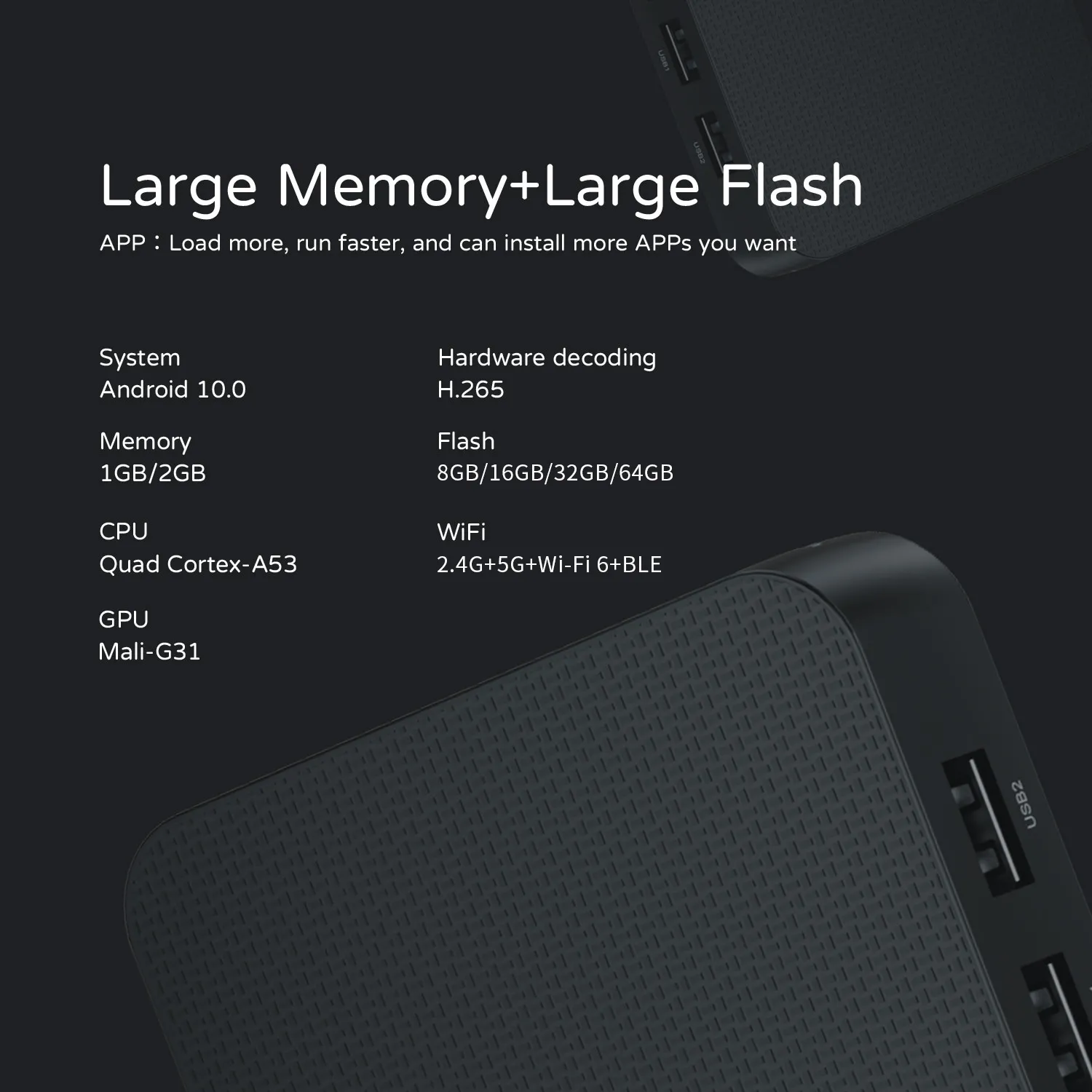 OTT tv box large ram flash specification graphic, Amlogic S905X5M android 14 streaming box